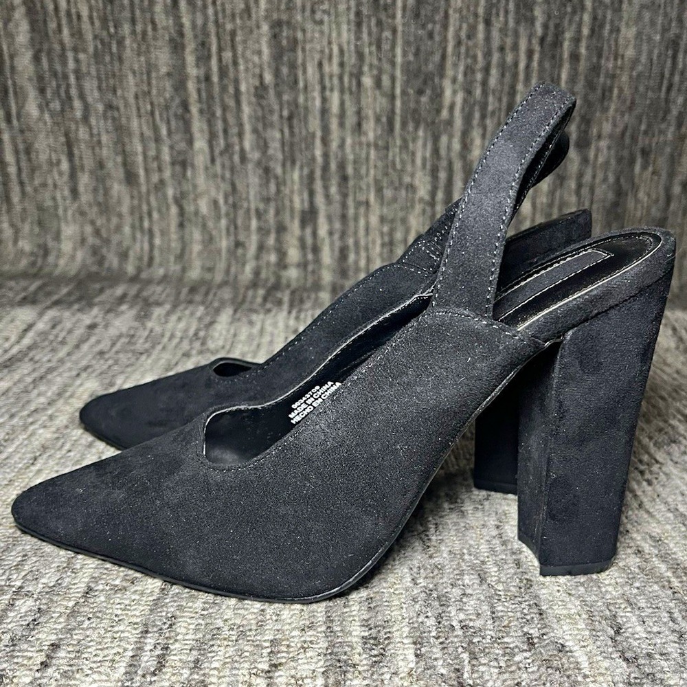 Forever 21 Black Faux Suede Pointed Toe Block Heel Slingback Pumps Womens 8